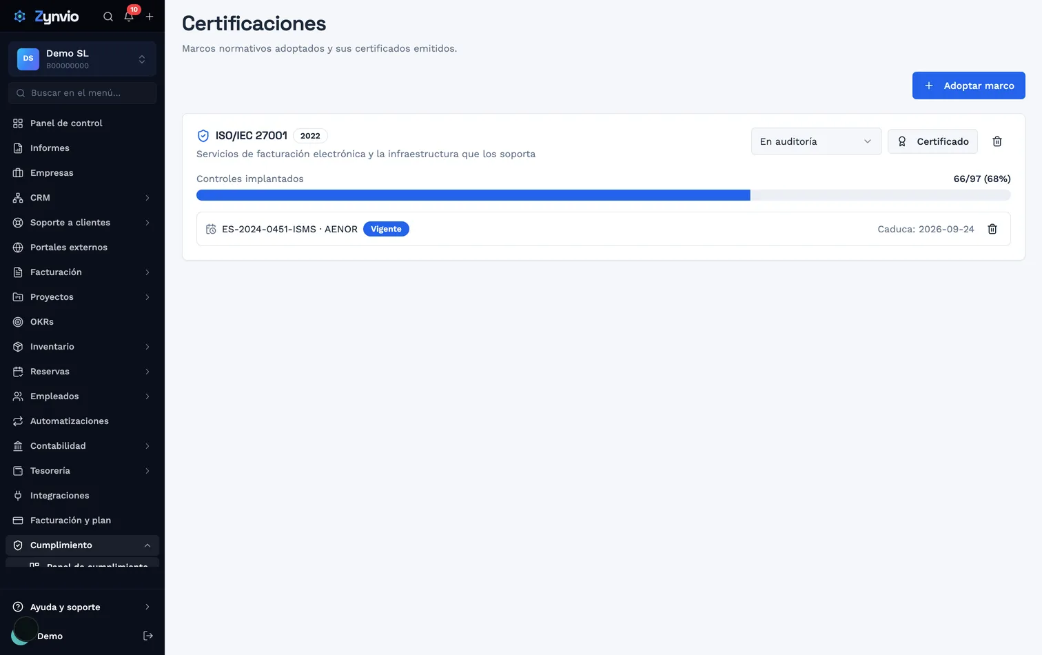 Ficha del marco ISO 27001 en Zynvio con el avance de implantación y el certificado asociado