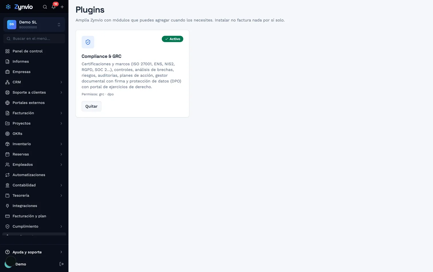 Marketplace de plugins de Zynvio con el add-on de cumplimiento listo para activar