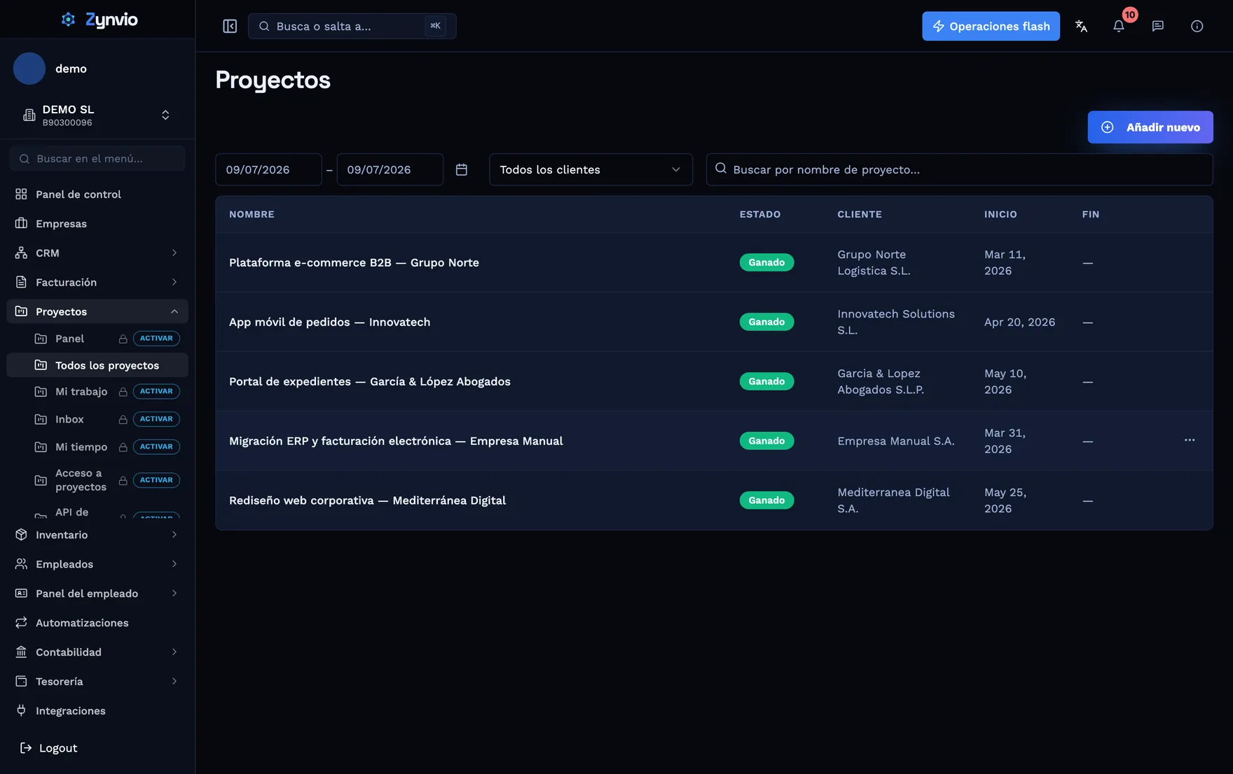 Liste de tous les projets avec client, état et dates